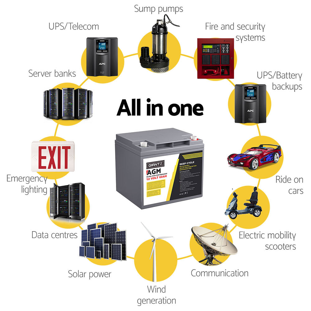 Batteries & Generators: Giantz AGM Battery 12V 60Ah Deep Cycle Box Portable Solar Caravan Camping
