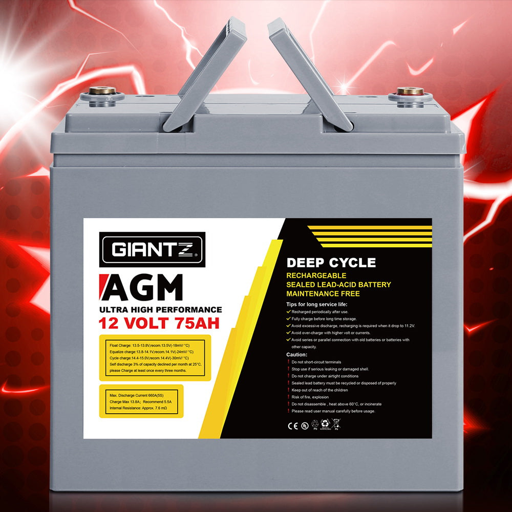 Batteries & Generators: Giantz AGM Deep Cycle Battery 12V 75Ah Box Portable Solar Caravan Camping