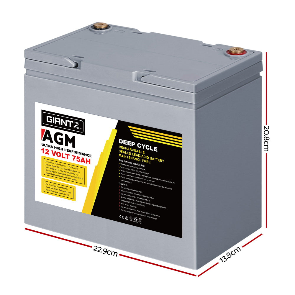 Batteries & Generators: Giantz AGM Deep Cycle Battery 12V 75Ah Box Portable Solar Caravan Camping