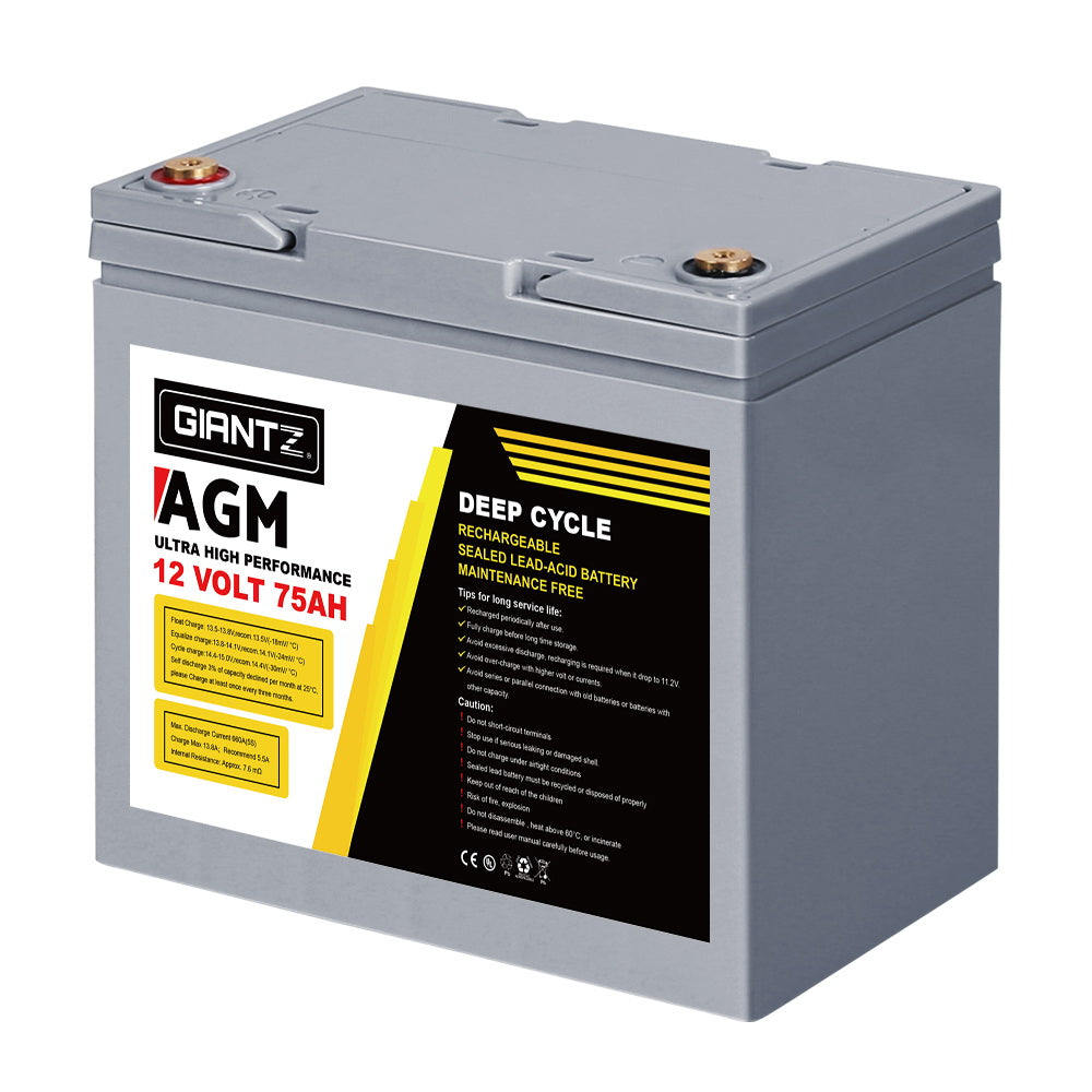 Batteries & Generators: Giantz AGM Deep Cycle Battery 12V 75Ah Box Portable Solar Caravan Camping
