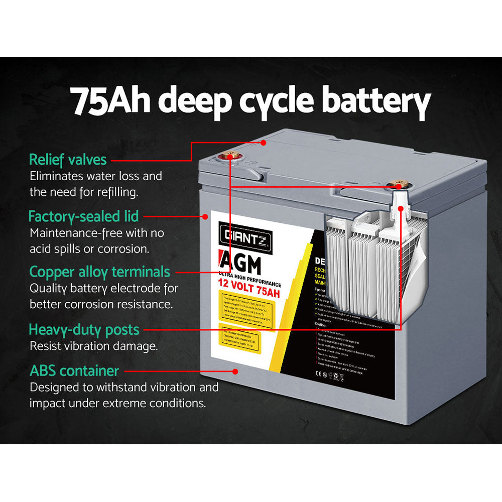 Batteries & Generators: Giantz AGM Deep Cycle Battery 12V 75Ah x2 Box Portable Solar Caravan Camping