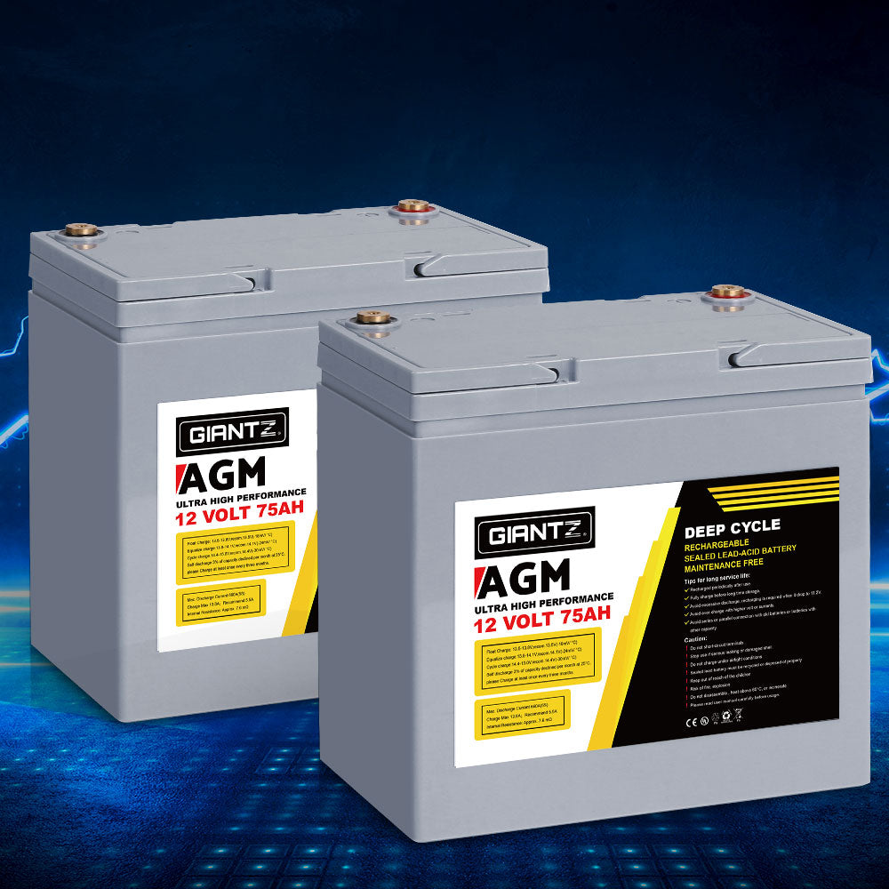 Batteries & Generators: Giantz AGM Deep Cycle Battery 12V 75Ah x2 Box Portable Solar Caravan Camping