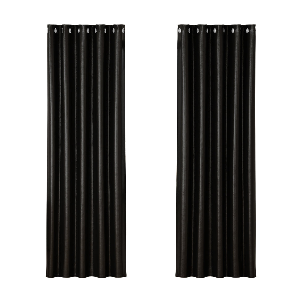 Curtains & Drapes: Artiss 2X Blockout Curtains Eyelet 180x213cm Black Shine