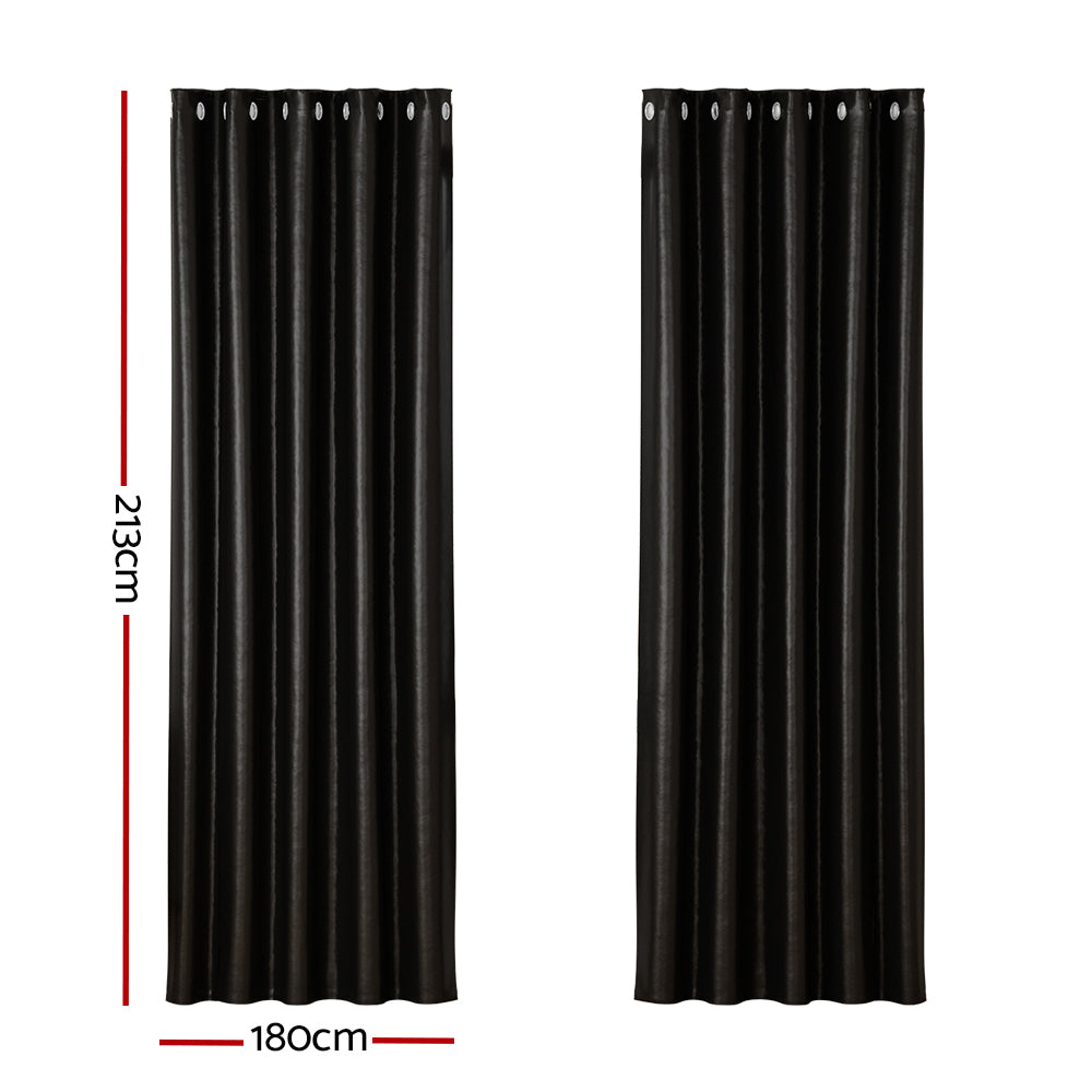 Curtains & Drapes: Artiss 2X Blockout Curtains Eyelet 180x213cm Black Shine
