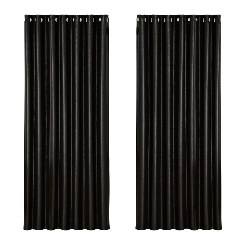 Curtains & Drapes: Artiss 2X Blockout Curtains Eyelet 240x230cm Black Shine