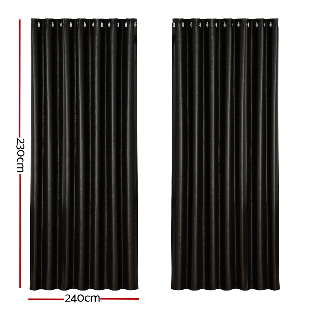 Curtains & Drapes: Artiss 2X Blockout Curtains Eyelet 240x230cm Black Shine