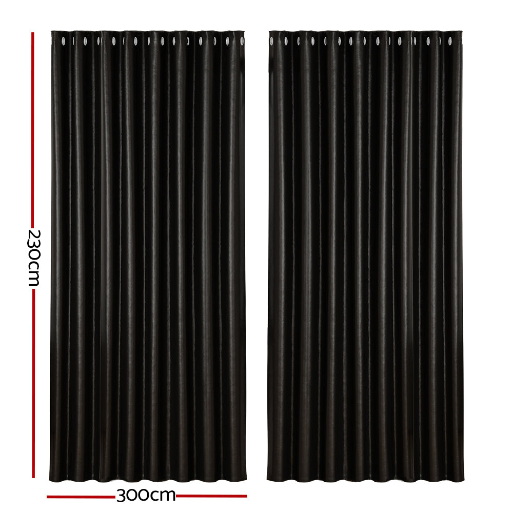 Curtains & Drapes: Artiss 2X Blockout Curtains Eyelet 300x230cm Black Shine
