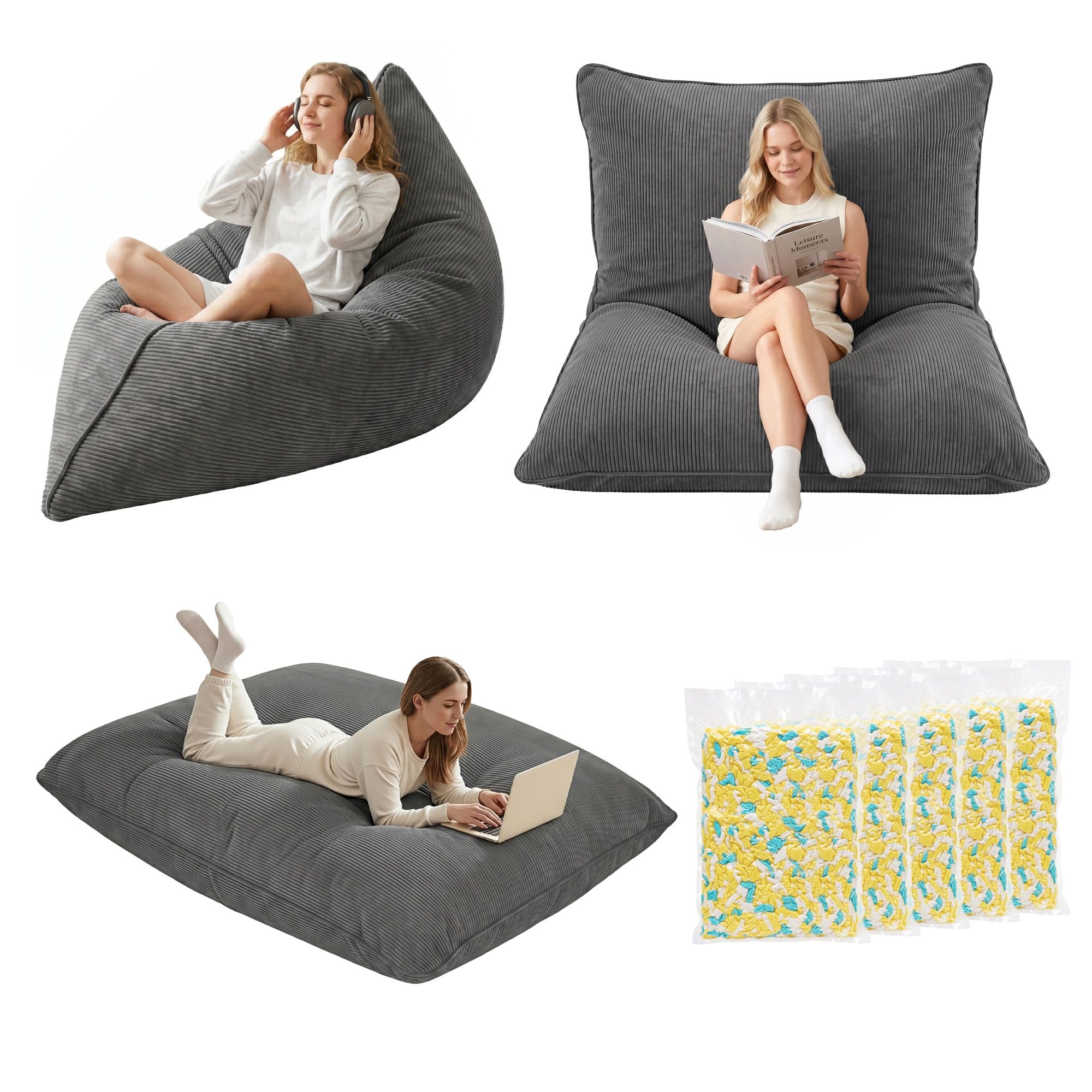Artiss 3 in 1 Bean Bag Chair with Filler Convertible Bean Bag for Adults, Corduroy DIY Stuffed Bean Bag Sofa Washable for Living Room Bedroom, Grey