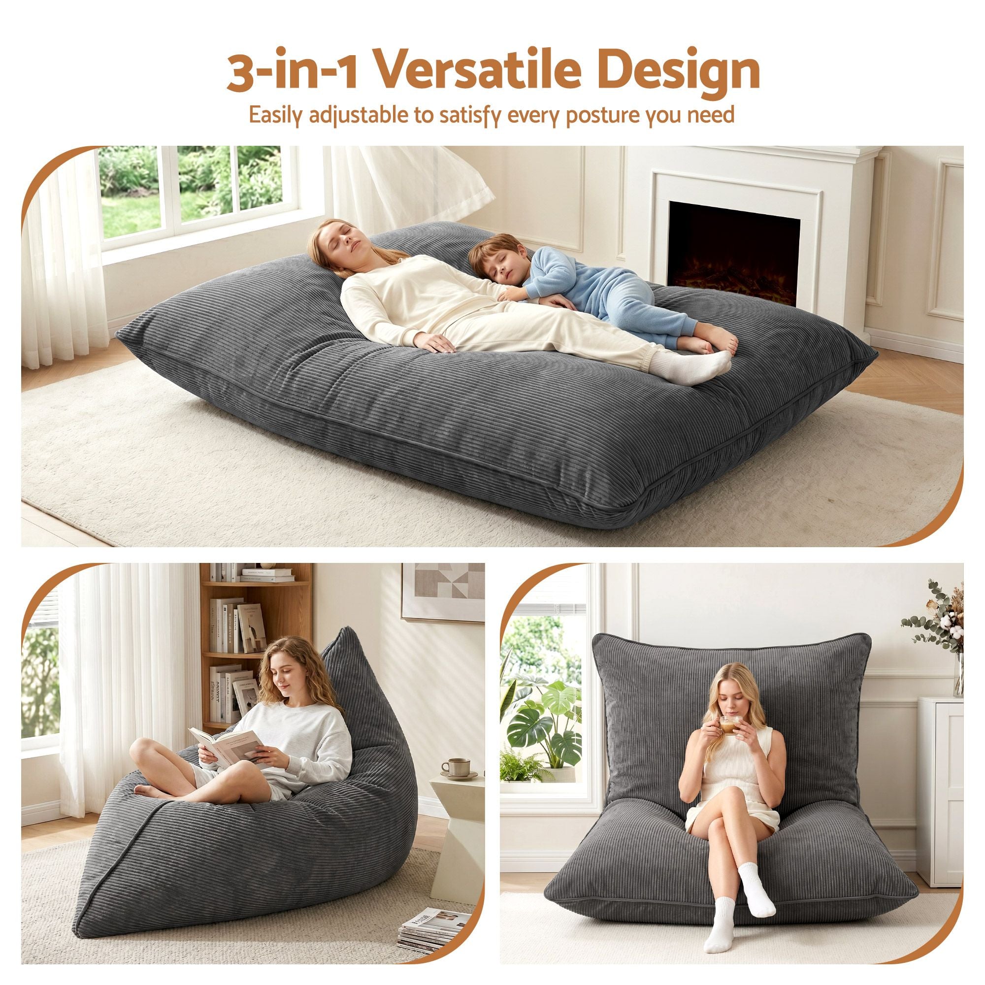 Artiss 3 in 1 Bean Bag Chair with Filler Convertible Bean Bag for Adults, Corduroy DIY Stuffed Bean Bag Sofa Washable for Living Room Bedroom, Grey