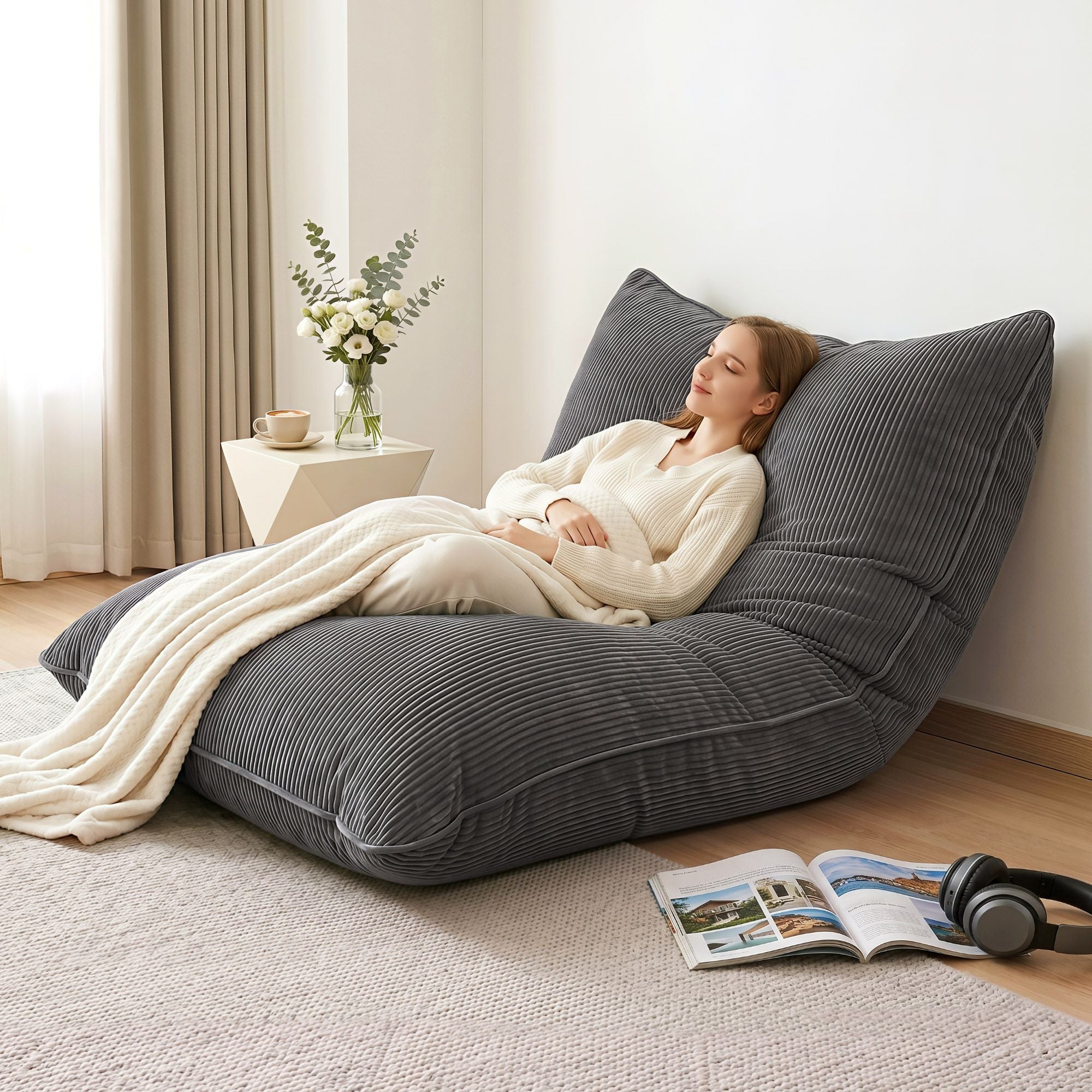 Artiss 3 in 1 Bean Bag Chair with Filler Convertible Bean Bag for Adults, Corduroy DIY Stuffed Bean Bag Sofa Washable for Living Room Bedroom, Grey