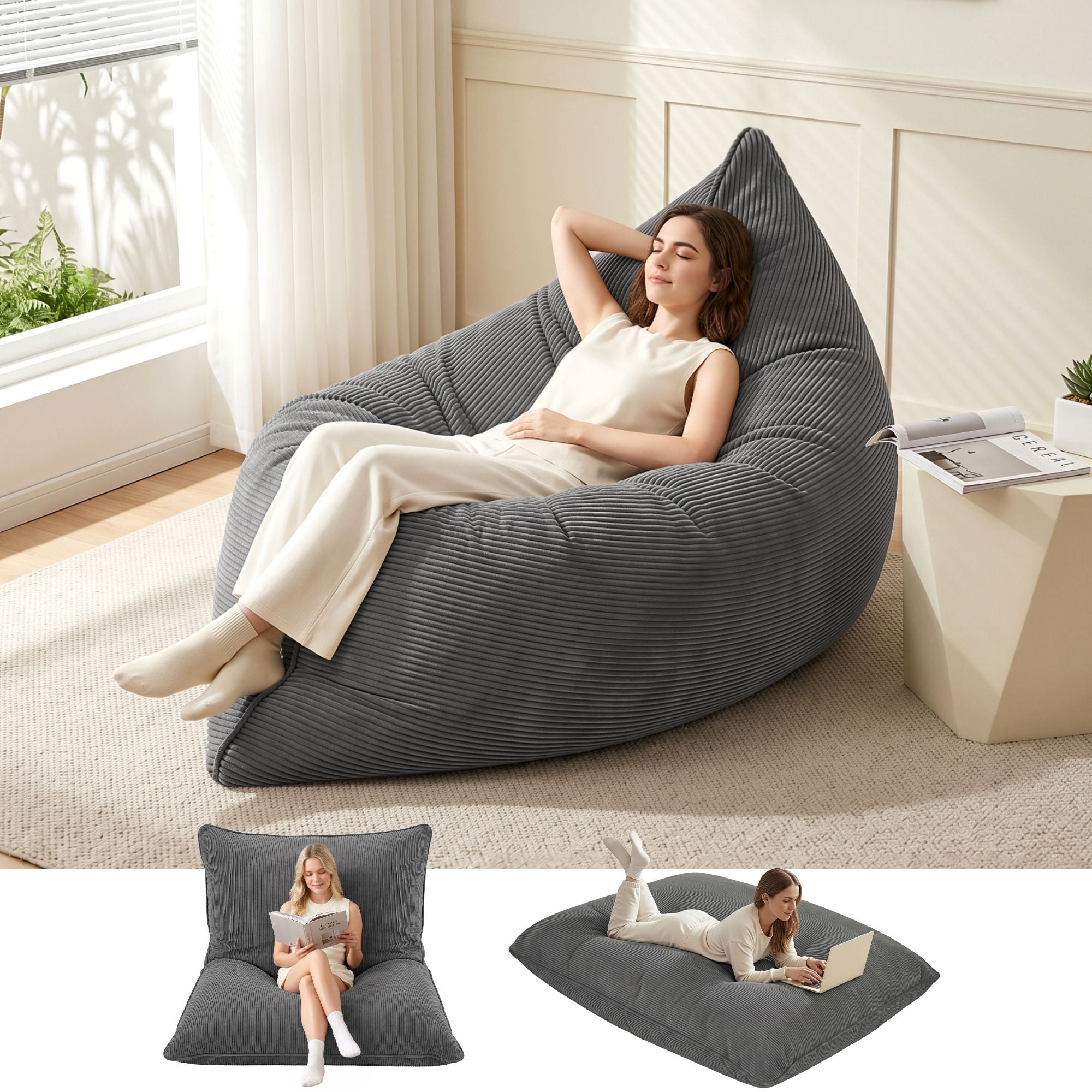Artiss 3 in 1 Bean Bag Chair with Filler Convertible Bean Bag for Adults, Corduroy DIY Stuffed Bean Bag Sofa Washable for Living Room Bedroom, Grey
