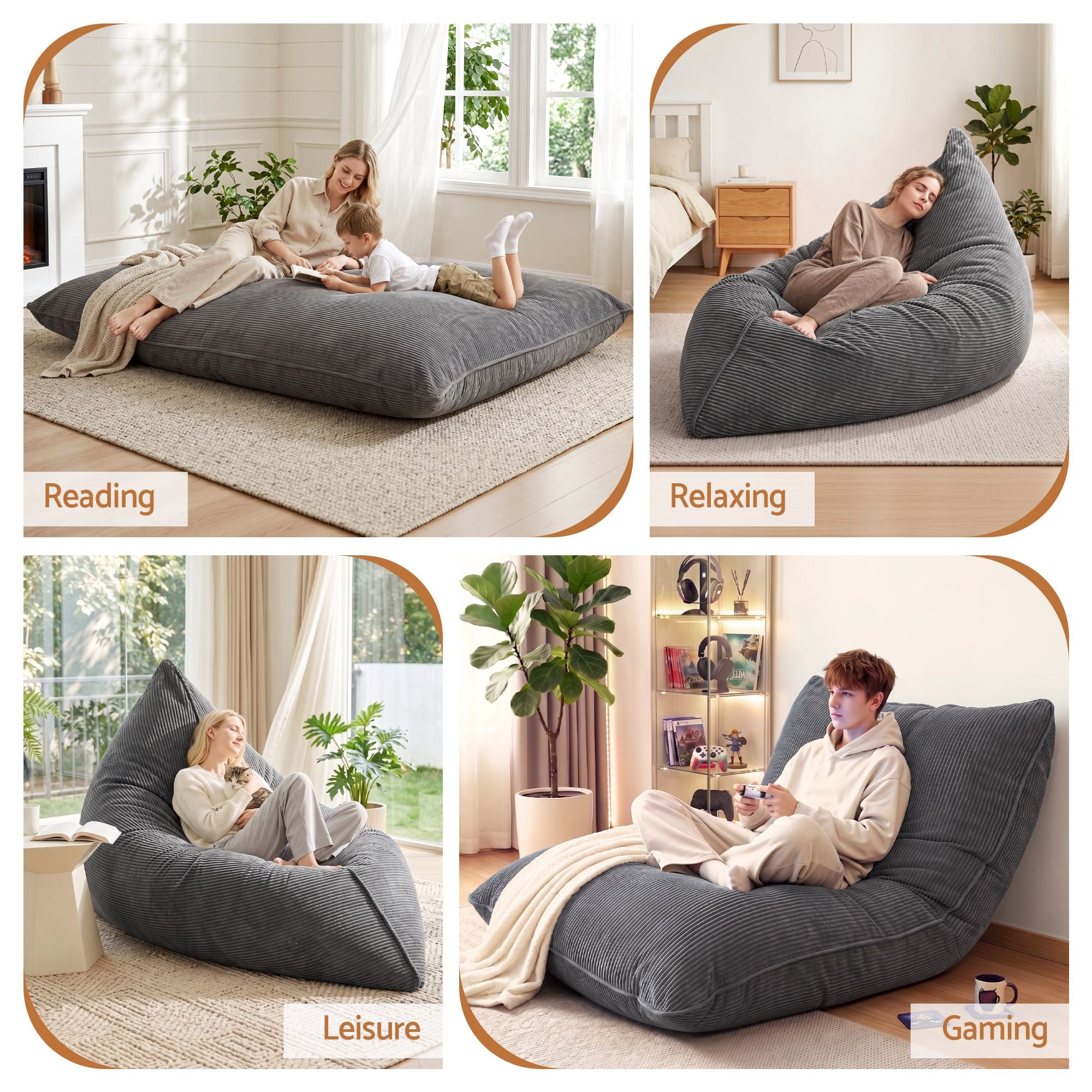 Artiss 3 in 1 Bean Bag Chair Cover (No Filler) Convertible Bean Bag for Adults, Corduroy Stuffed Animal Storage Bean Bag Cover Washable for Living Room Bedroom, Grey