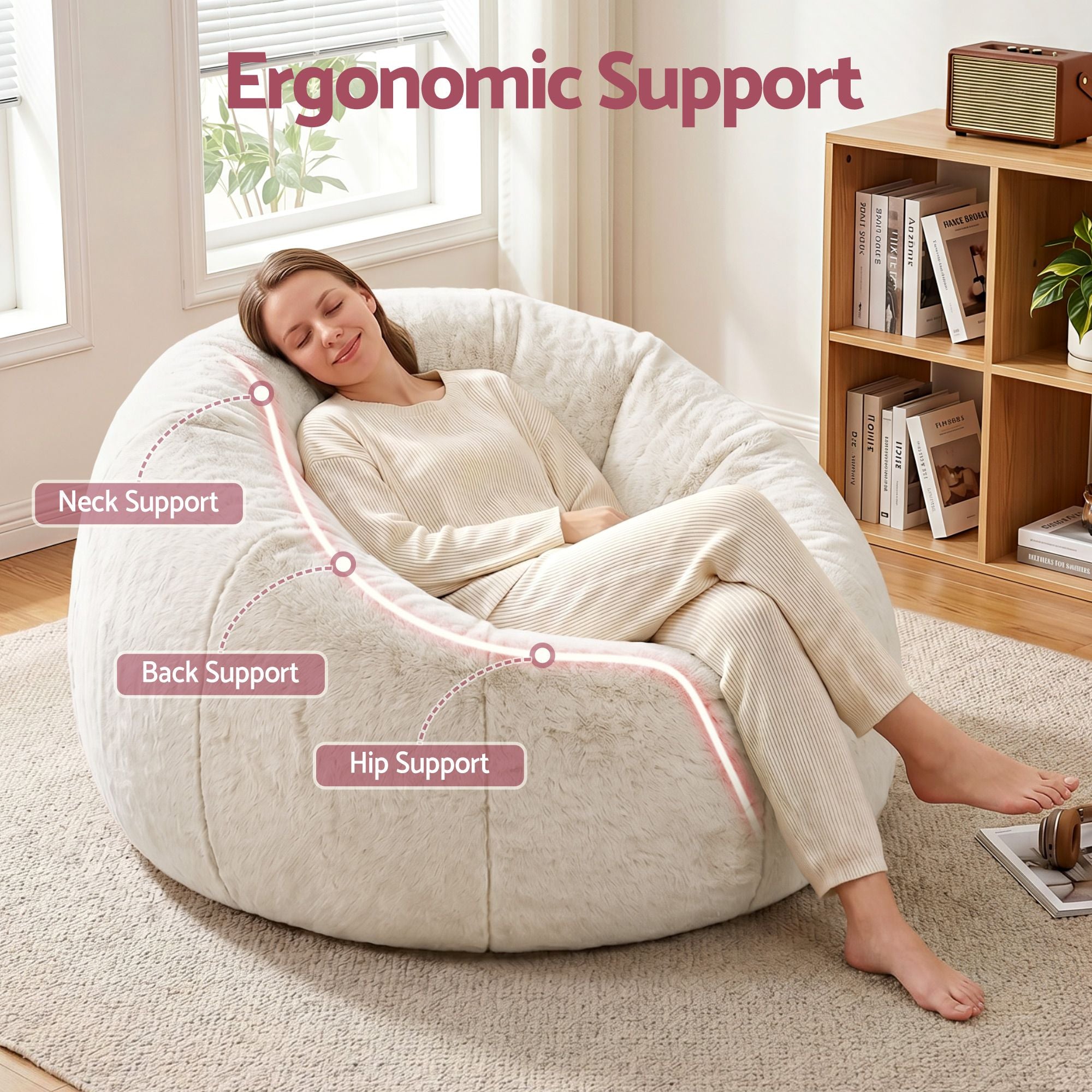 Artiss Bean Bag Chair Cover (No Filler) Soft Faux Fur Beanbag Cover Large Round Stuffed Animal Storage Bean Bag Cover Washable Lazy Sofa Cover for Adults Kids Teens, Beige