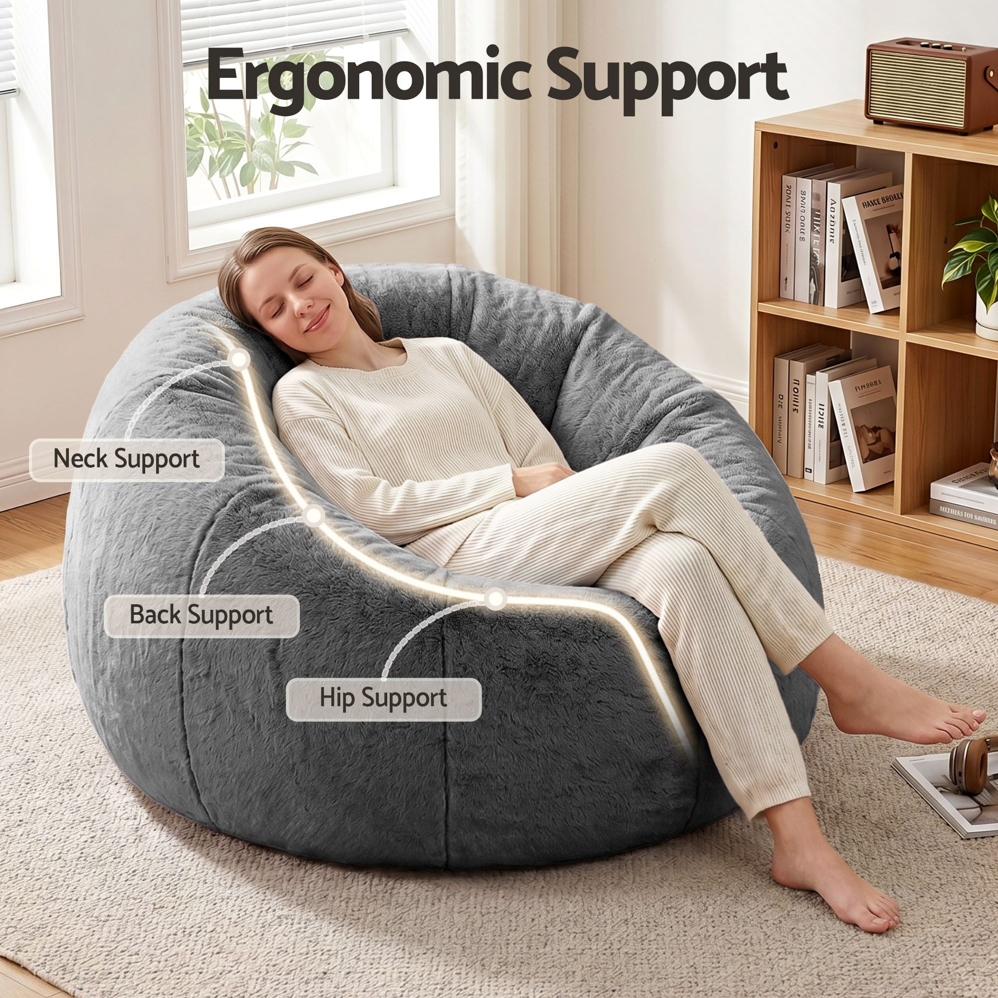 Artiss Bean Bag Chair Cover (No Filler) Soft Faux Fur Beanbag Cover Large Round Stuffed Animal Storage Bean Bag Cover Washable Lazy Sofa Cover for Adults Kids Teens, Grey