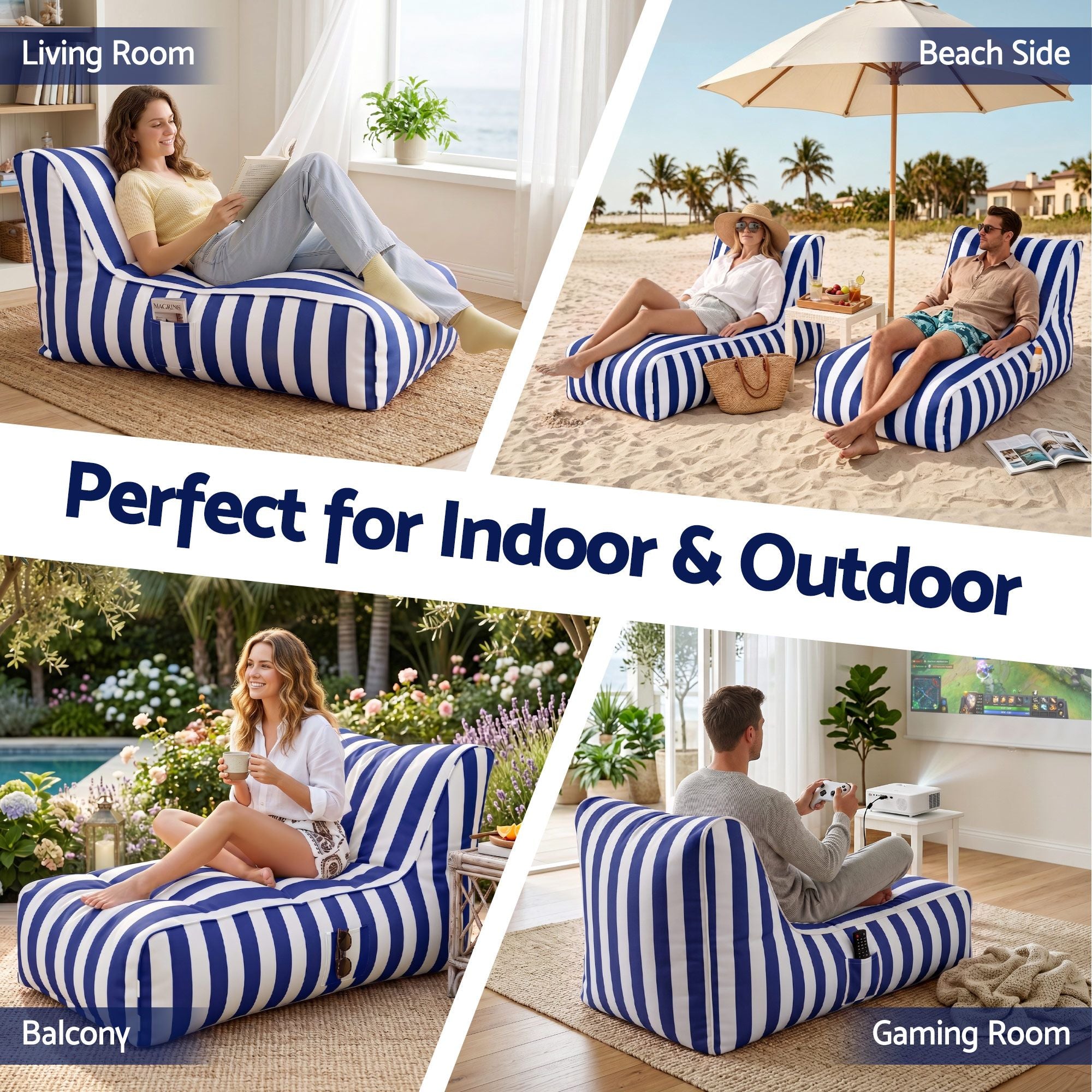 Artiss Outdoor Bean Bag Chair with Filler Splash-Proof Beanbag Lounge DIY Stuffed Animal Storage Bean Bag Washable for Patio Poolside Relaxing, Blue