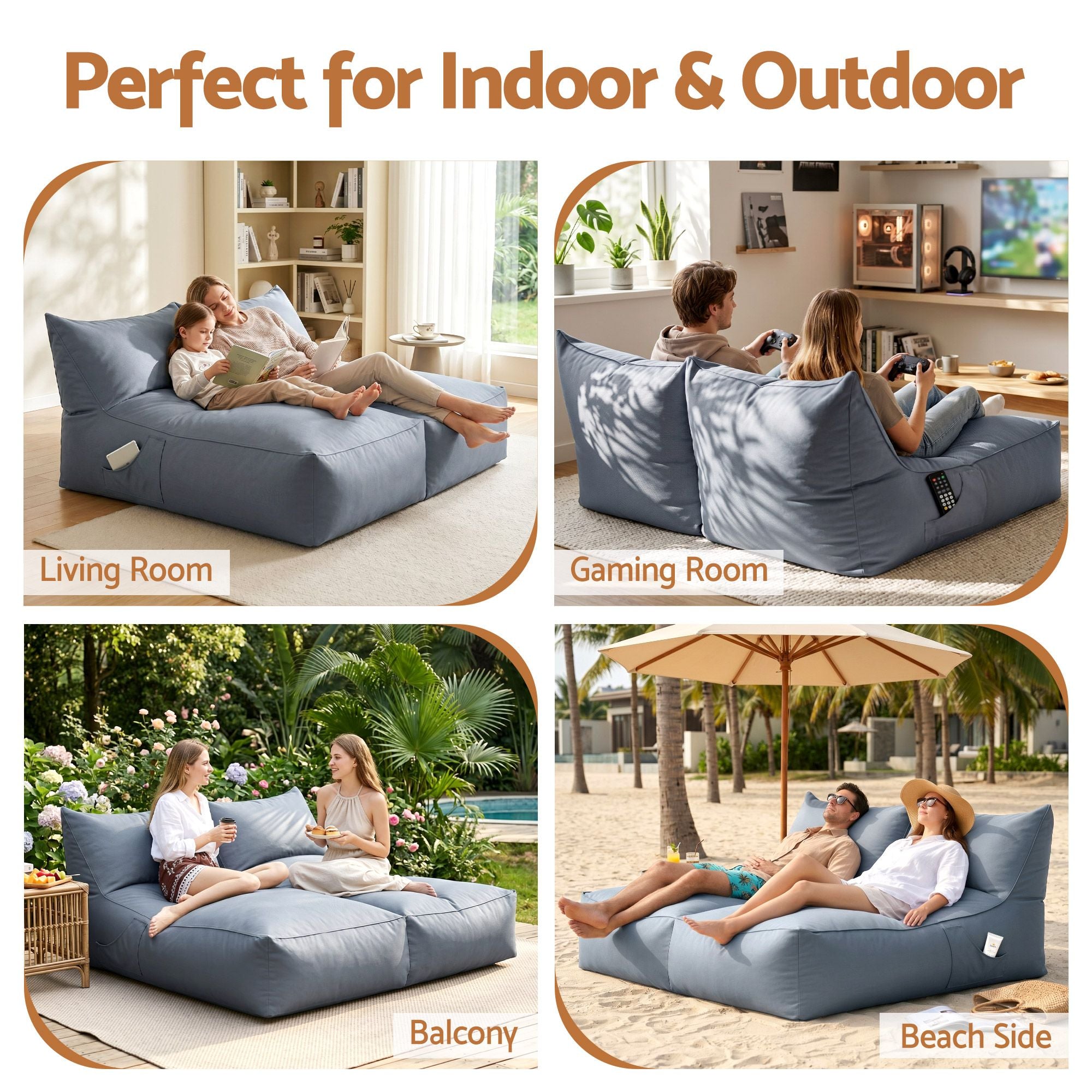 Artiss Outdoor Bean Bag Chair with Filler 2 Seater Beanbag Lounge Adults Splash-Proof Large Bean Bag Cover with Filling for Patio Poolside Relaxing Indoor, Grey