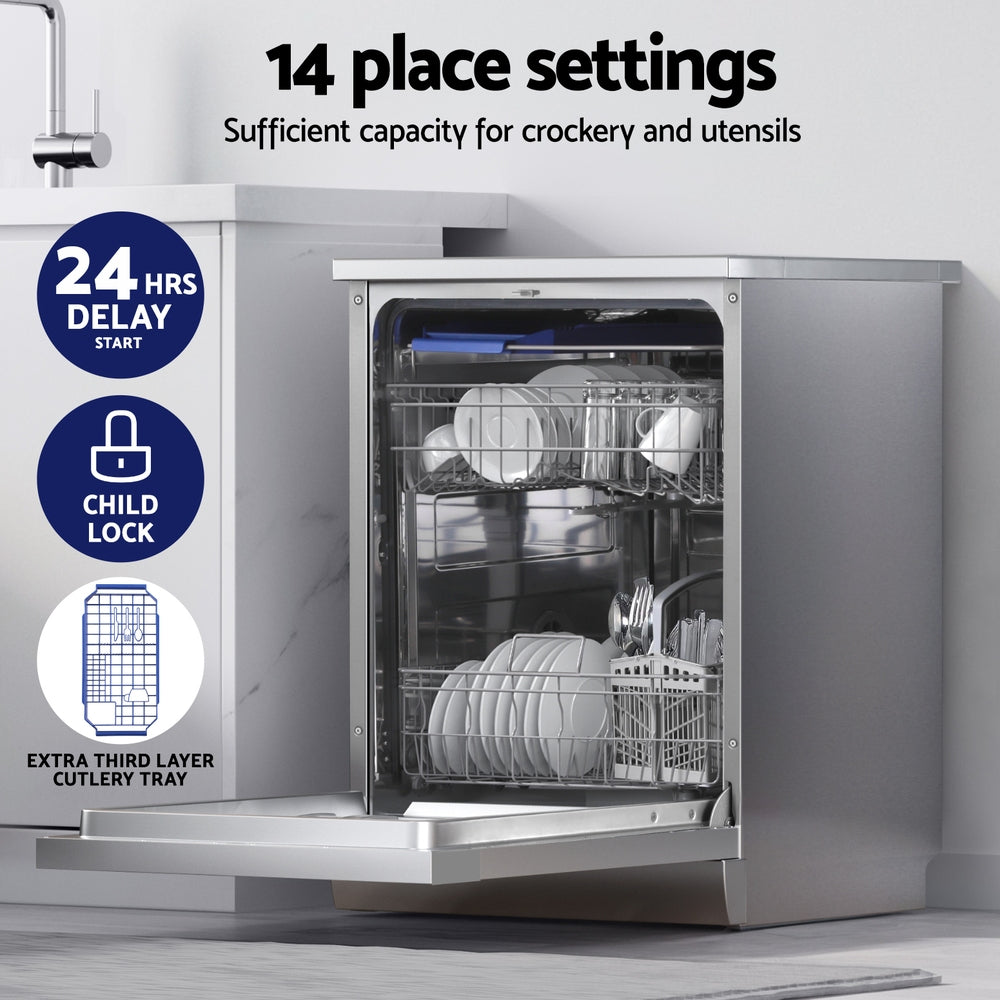 Dishwashers: Devanti 60cm 14 Place Settings Freestanding Dishwasher Silver