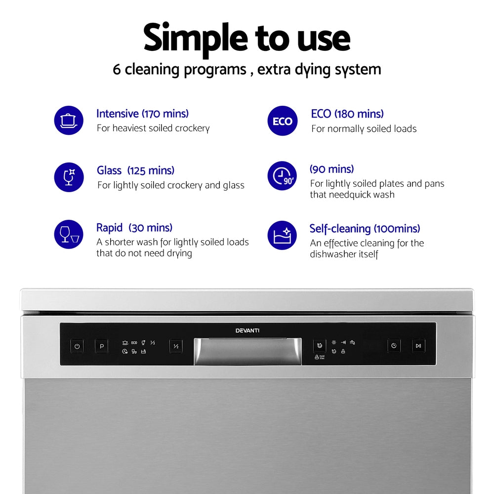 Dishwashers: Devanti 60cm 14 Place Settings Freestanding Dishwasher Silver