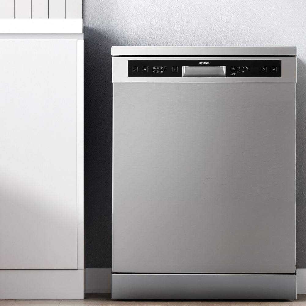 Dishwashers: Devanti 60cm 14 Place Settings Freestanding Dishwasher Silver