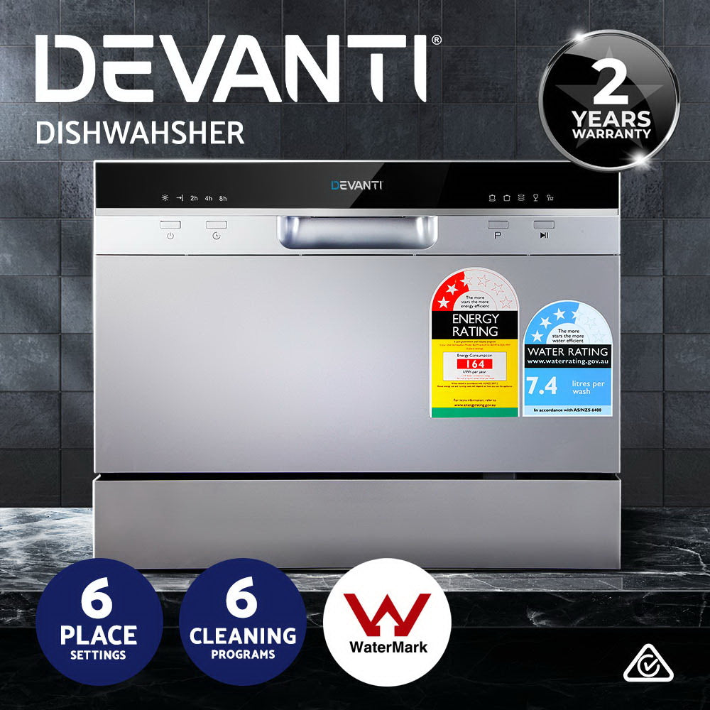 Dishwashers: Devanti 6 Place Settings Benchtop Dishwasher Sliver