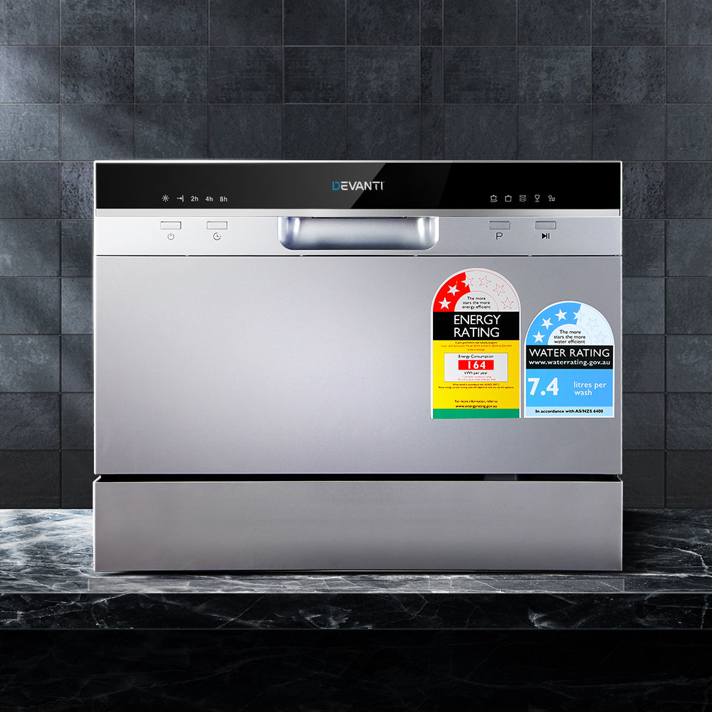 Dishwashers: Devanti 6 Place Settings Benchtop Dishwasher Sliver