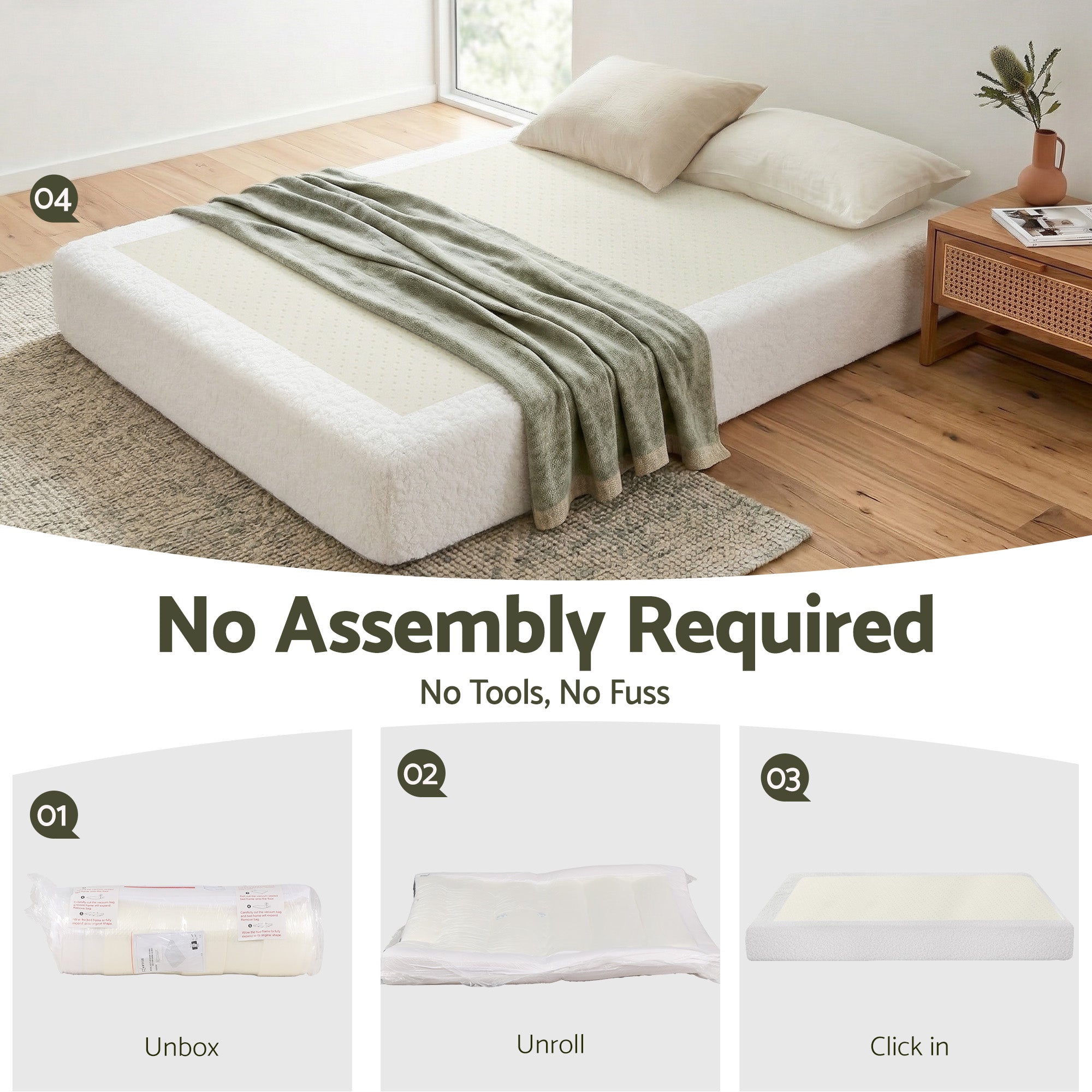 Artiss Compression Bed Frame Double Size No Assembly Vacuum High Density Sponge Boucle Cream White