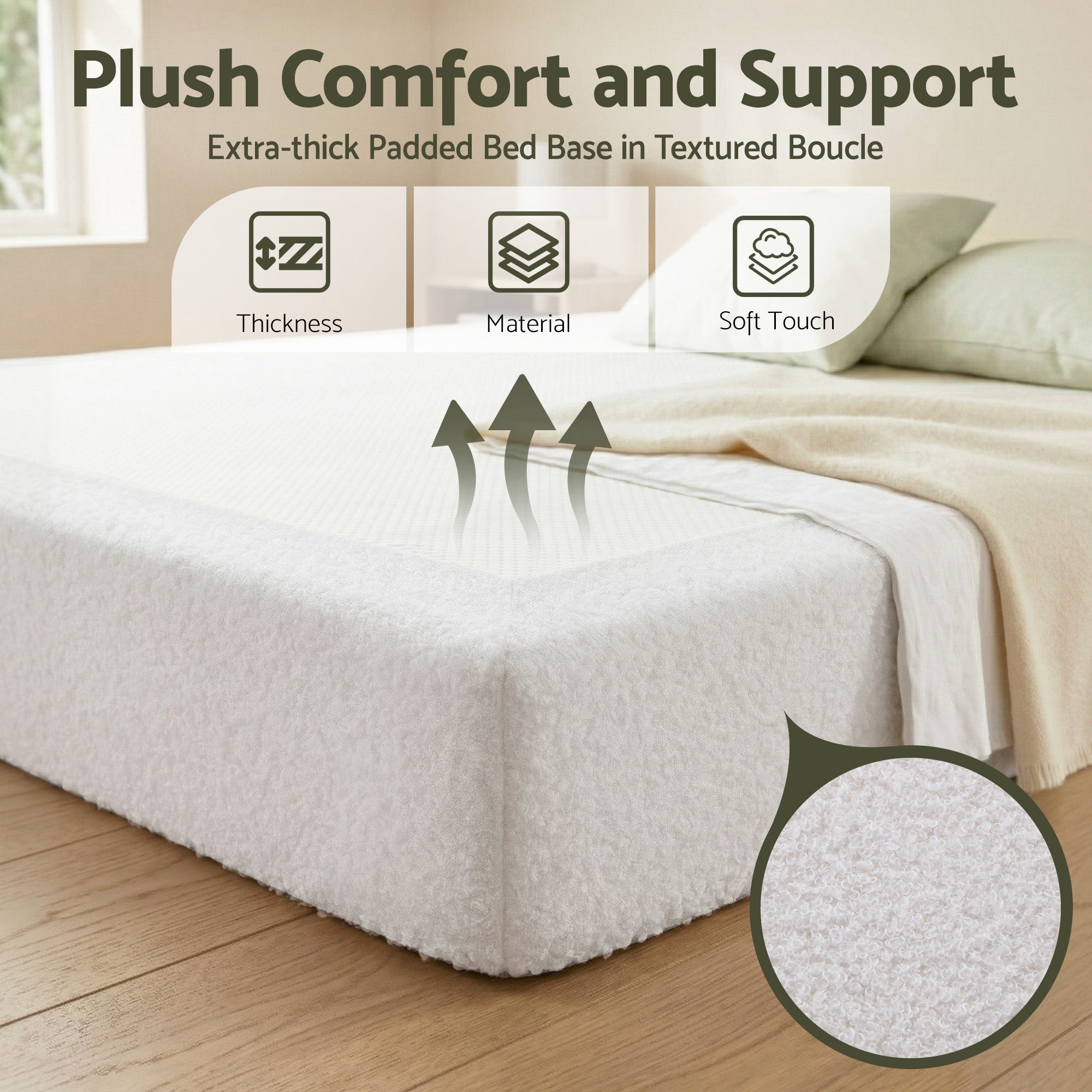 Artiss Compression Bed Frame Queen Size No Assembly Vacuum High Density Sponge Boucle Cream White