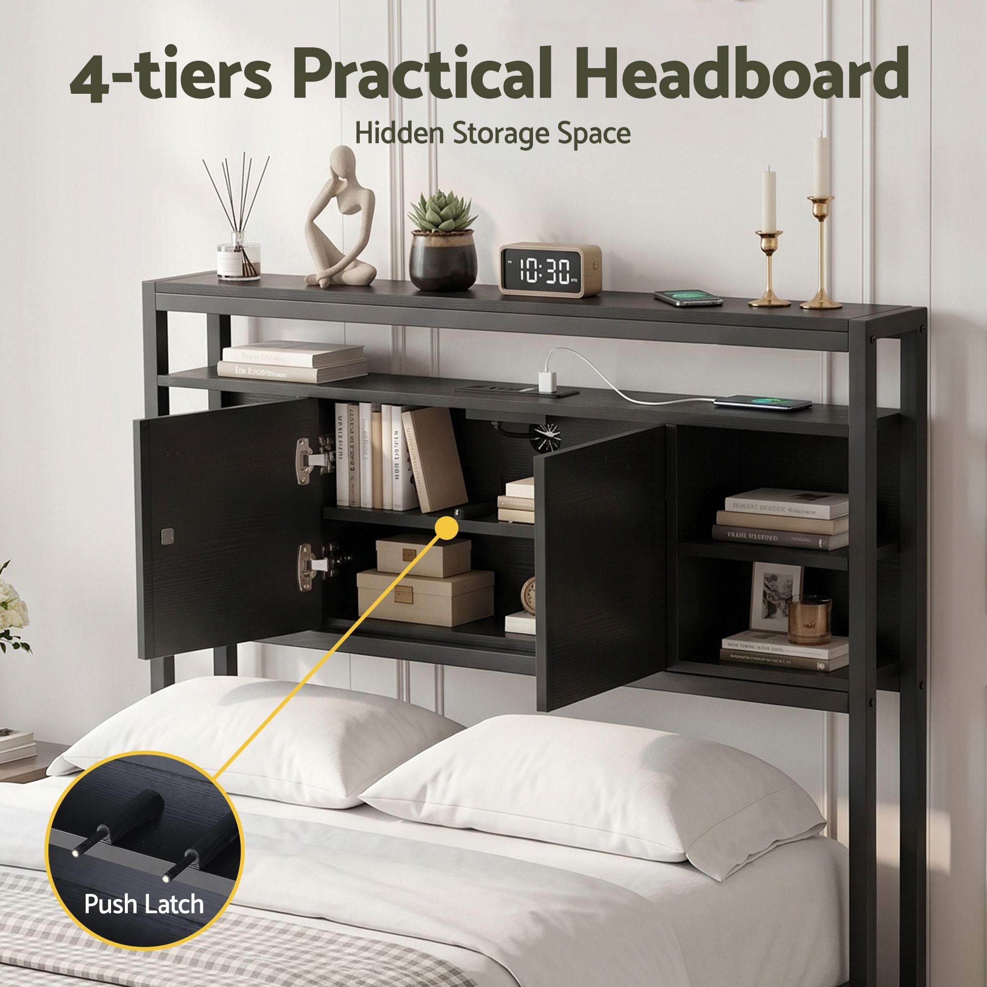 Artiss Bed Headboard King Single Storage Bedhead Charging Station Black