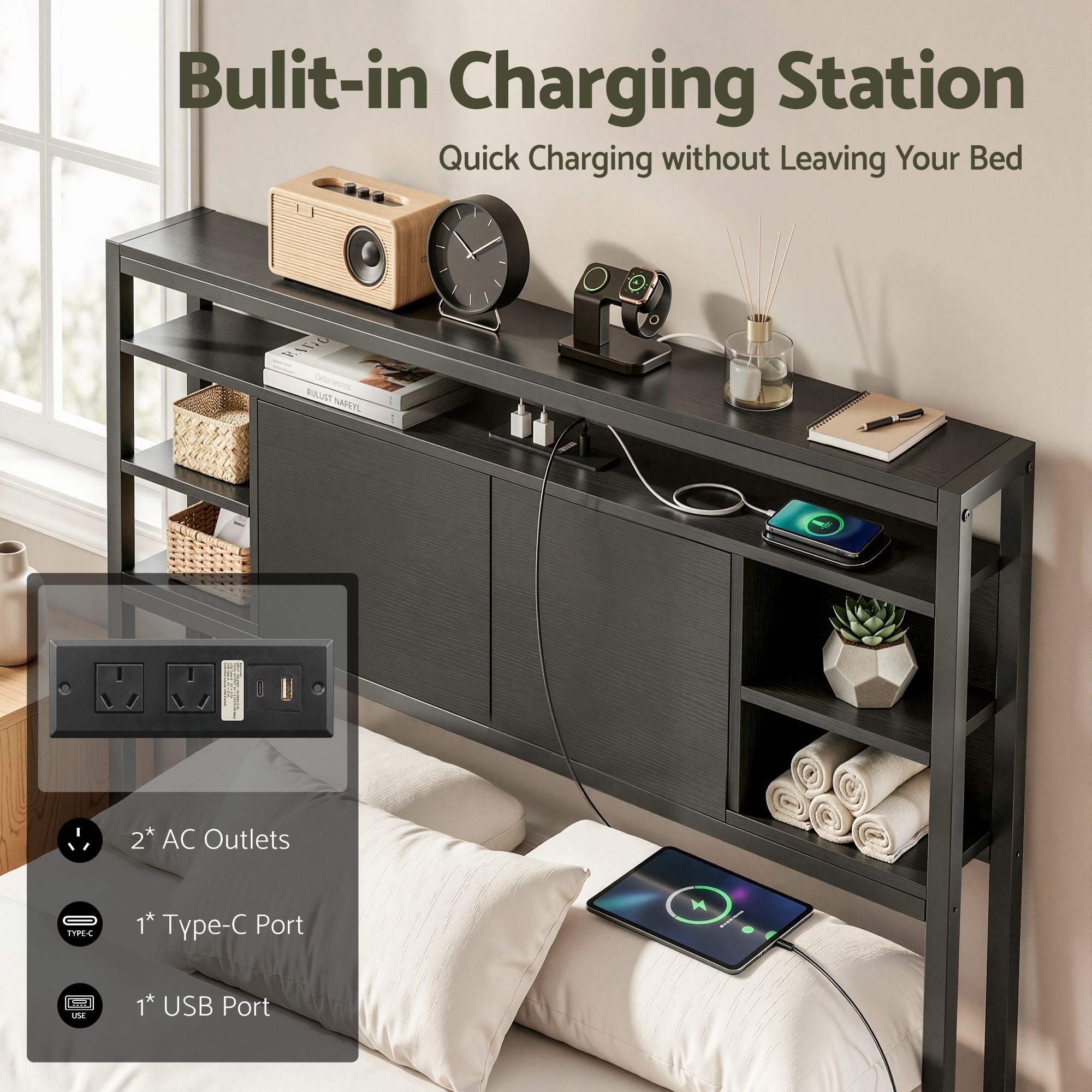 Artiss Bed Headboard King Single Storage Bedhead Charging Station Black