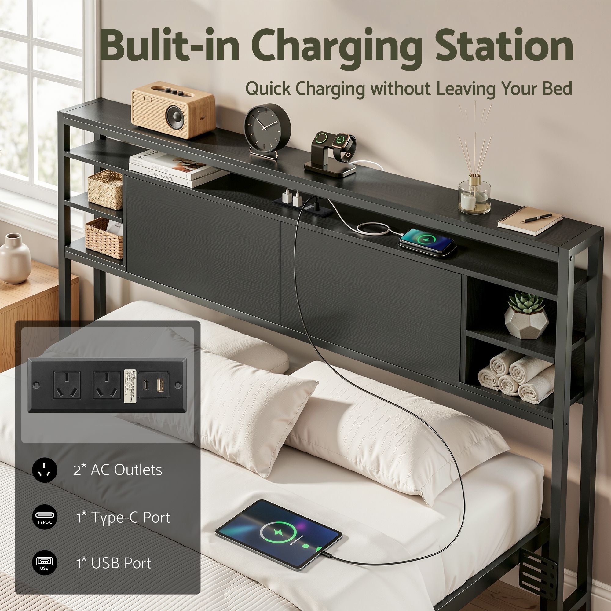Artiss Bed Headboard Queen Storage Bedhead Charging Station Black