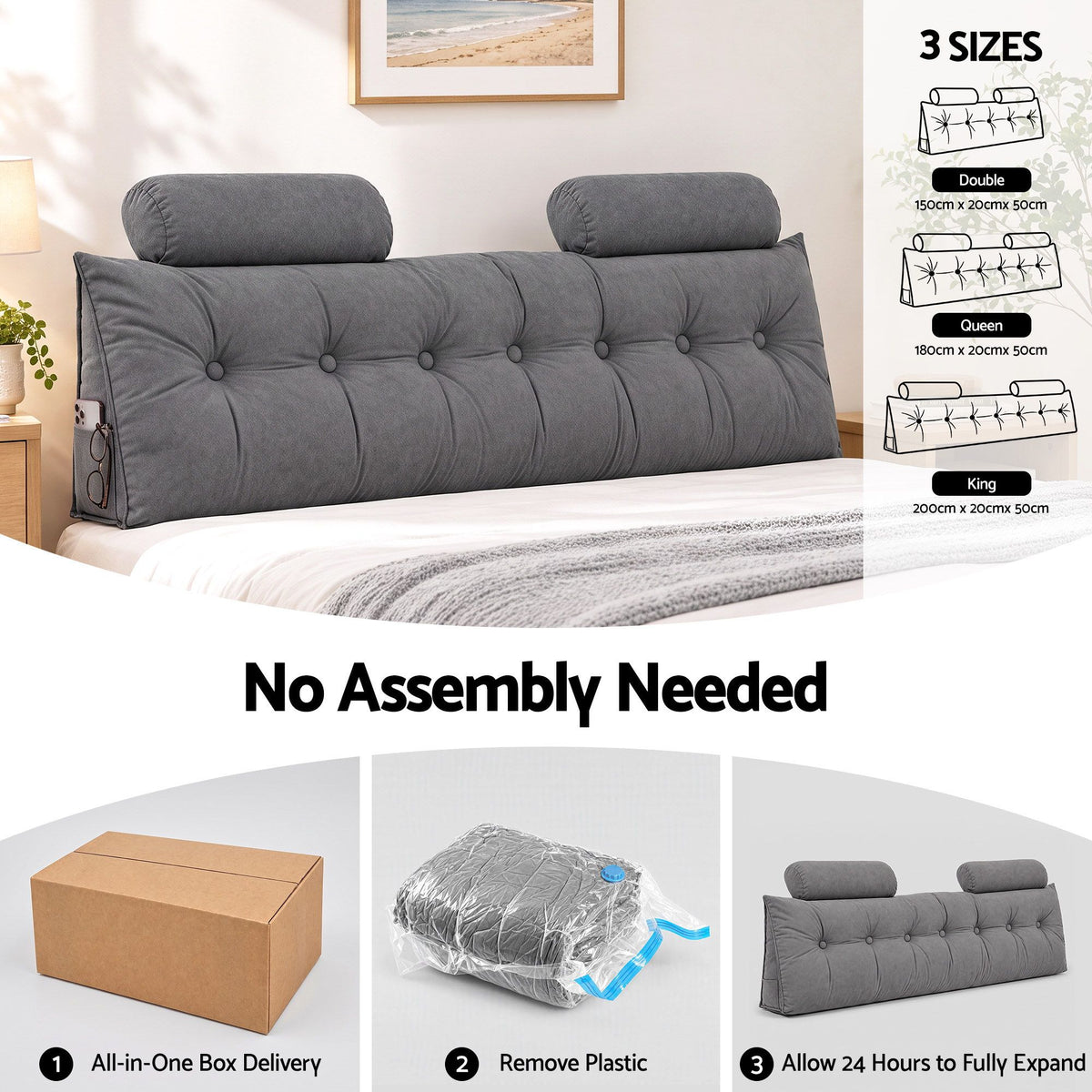 Artiss Headboard Pillow King Wedge Backrest Triangular with 2 Cushions Grey
