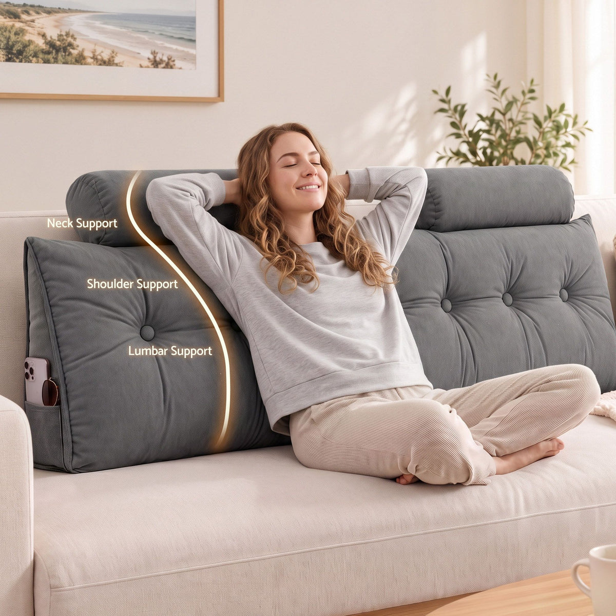Artiss Headboard Pillow King Wedge Backrest Triangular with 2 Cushions Grey