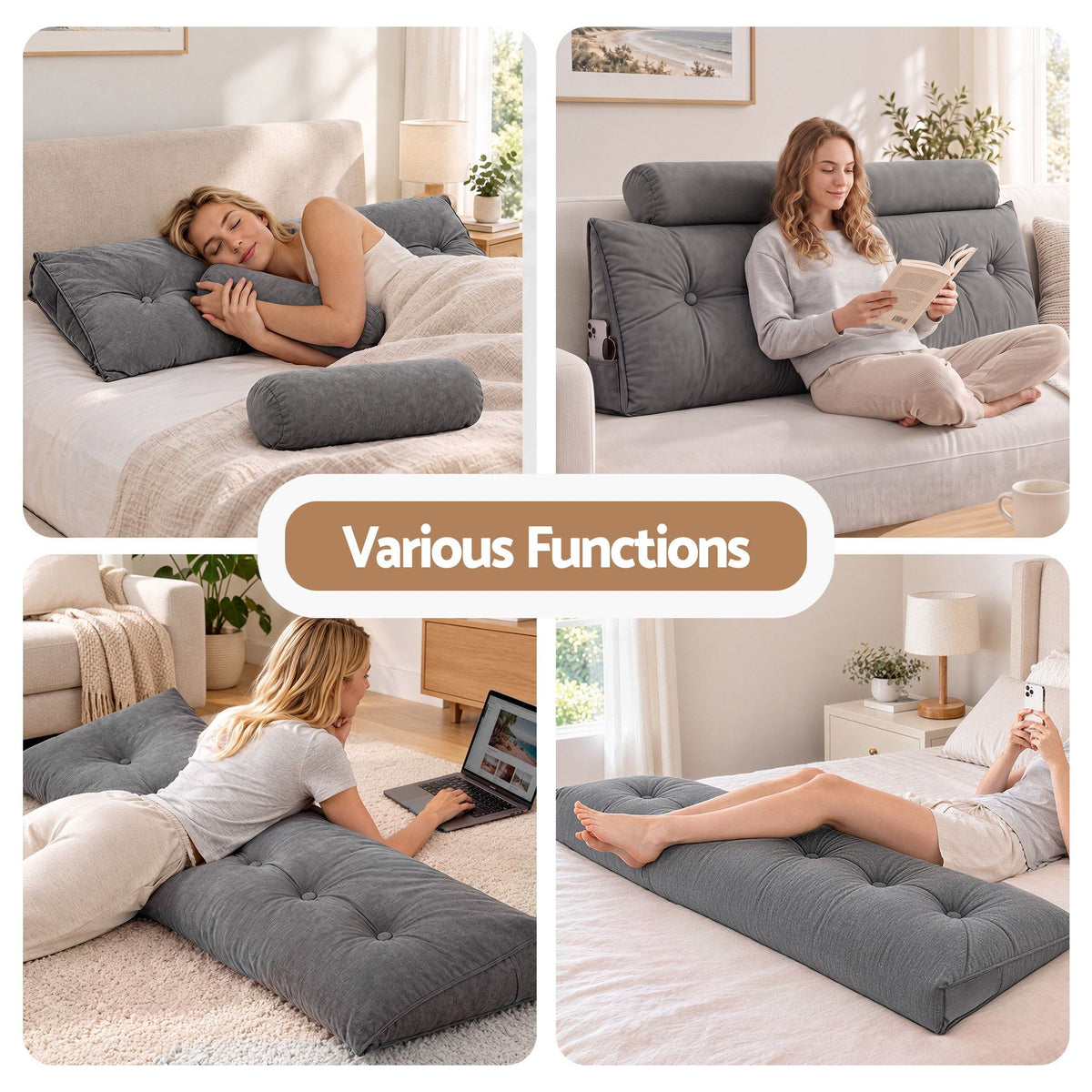 Artiss Headboard Pillow Queen Wedge Backrest Triangular with 2 Cushions Grey