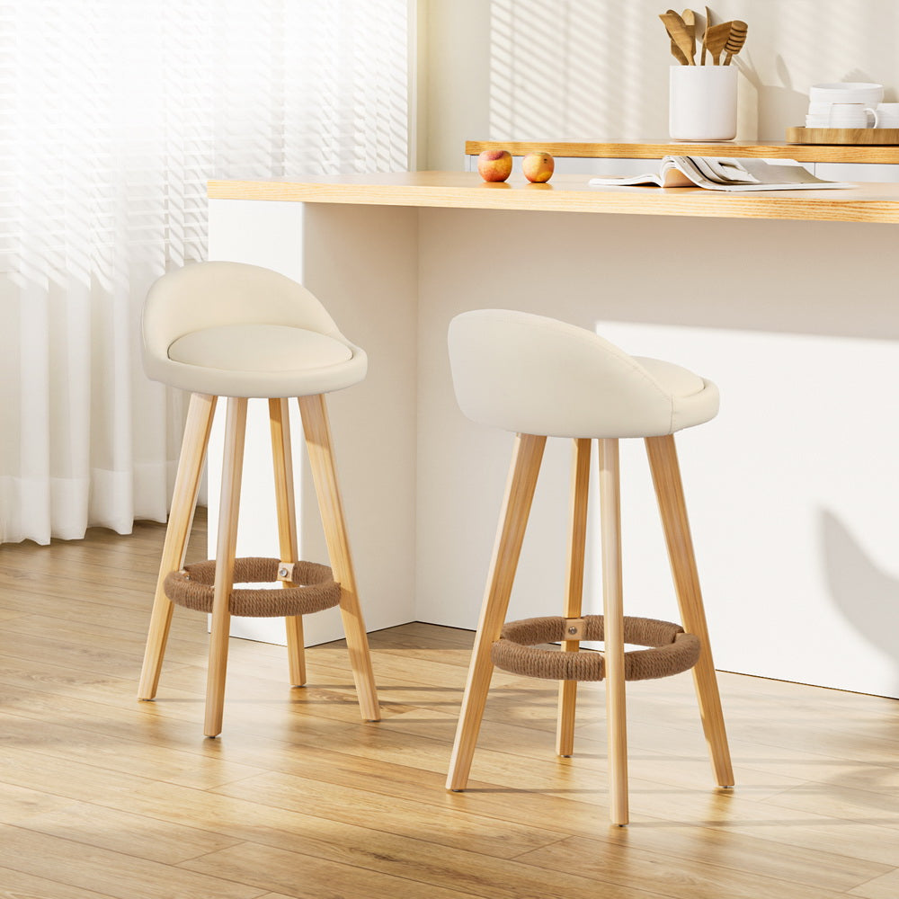Table & Bar Stools: Artiss 2x Bar Stools Padded Leather Wooden Beige