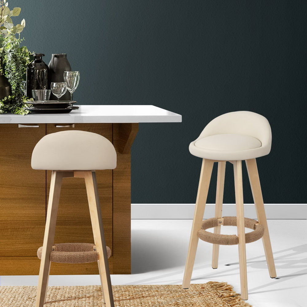 Table & Bar Stools: Artiss 2x Bar Stools Padded Leather Wooden Beige