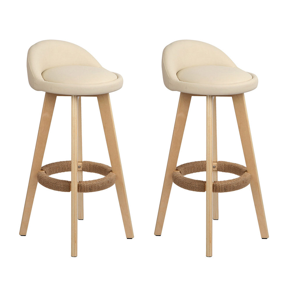 Table & Bar Stools: Artiss 2x Bar Stools Padded Leather Wooden Beige