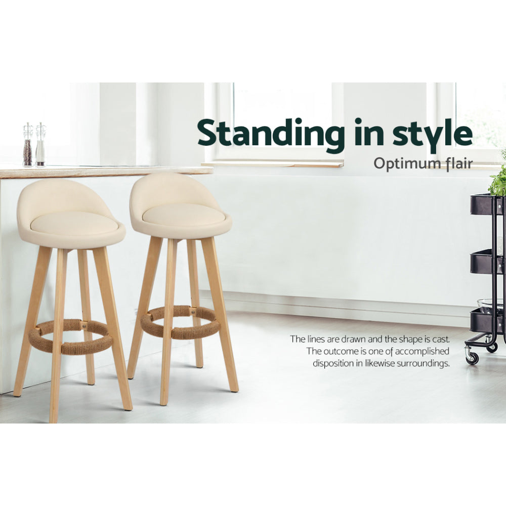 Table & Bar Stools: Artiss 4x Bar Stools Padded Leather Wooden Beige