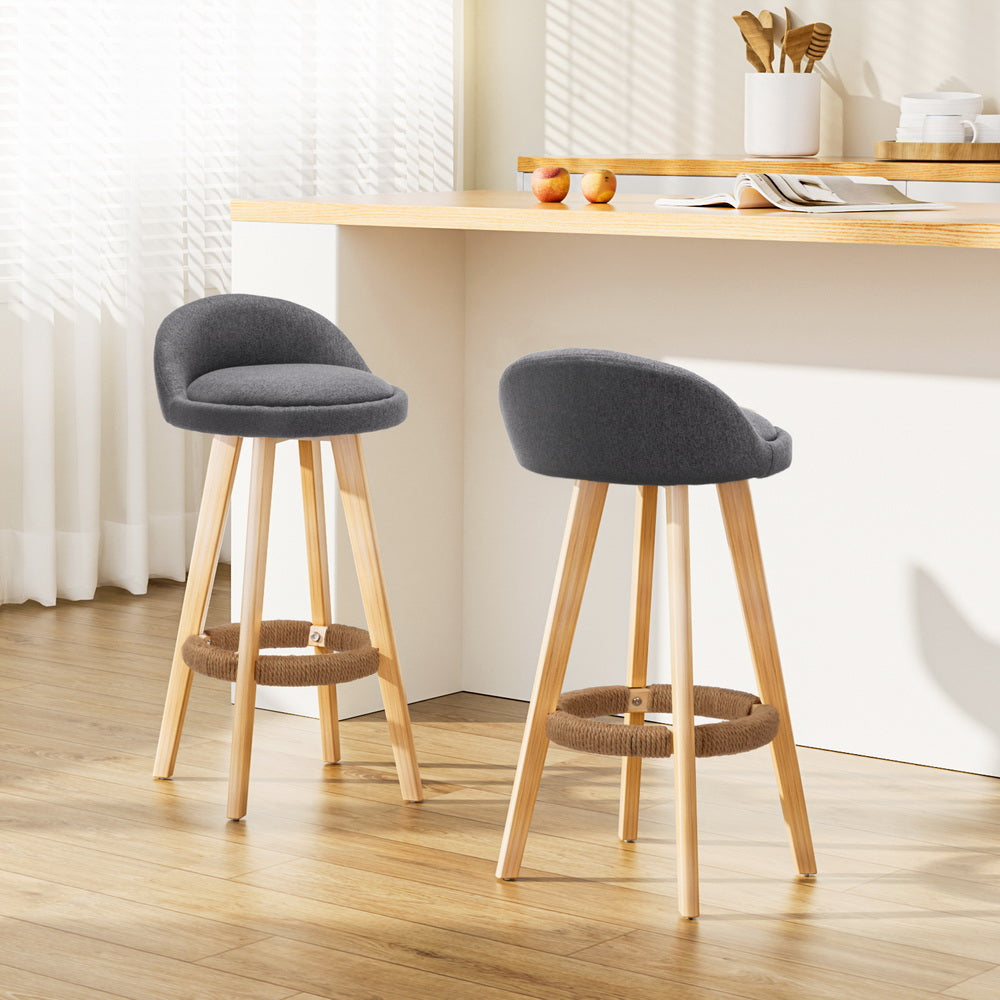 Table & Bar Stools: Artiss 2x Bar Stools Padded Linen Wooden Grey