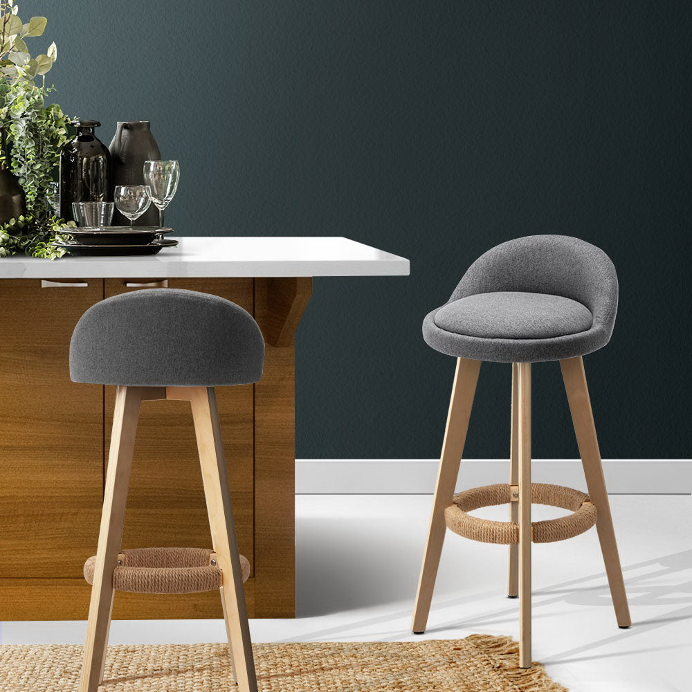 Table & Bar Stools: Artiss 2x Bar Stools Padded Linen Wooden Grey