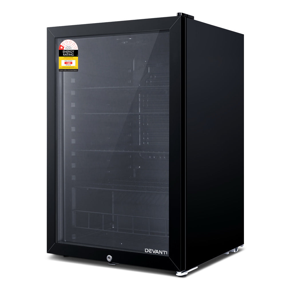 Fridges: Devanti 115L Bar Fridge Glass Door w/Light Black