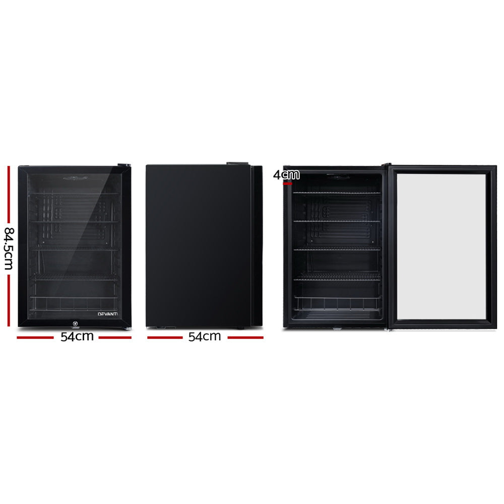 Fridges: Devanti 115L Bar Fridge Glass Door w/Light Black