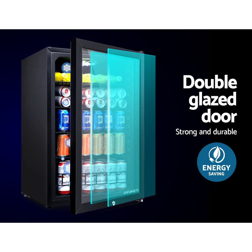 Fridges: Devanti 115L Bar Fridge Glass Door w/Light Black