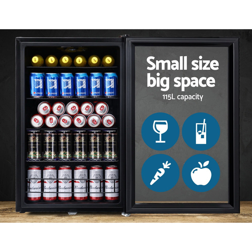 Fridges: Devanti 115L Bar Fridge Glass Door w/Light Black