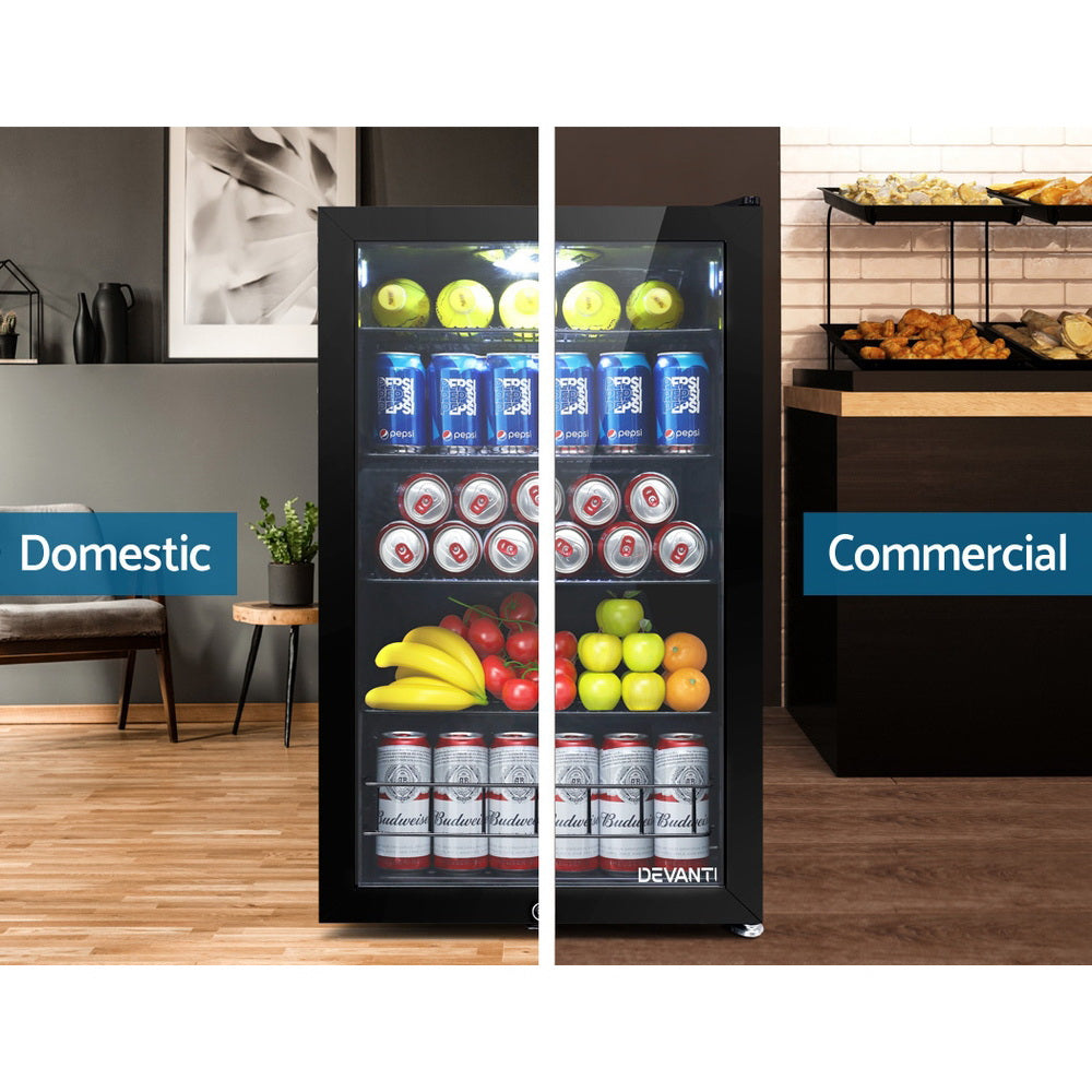 Fridges: Devanti 115L Bar Fridge Glass Door w/Light Black