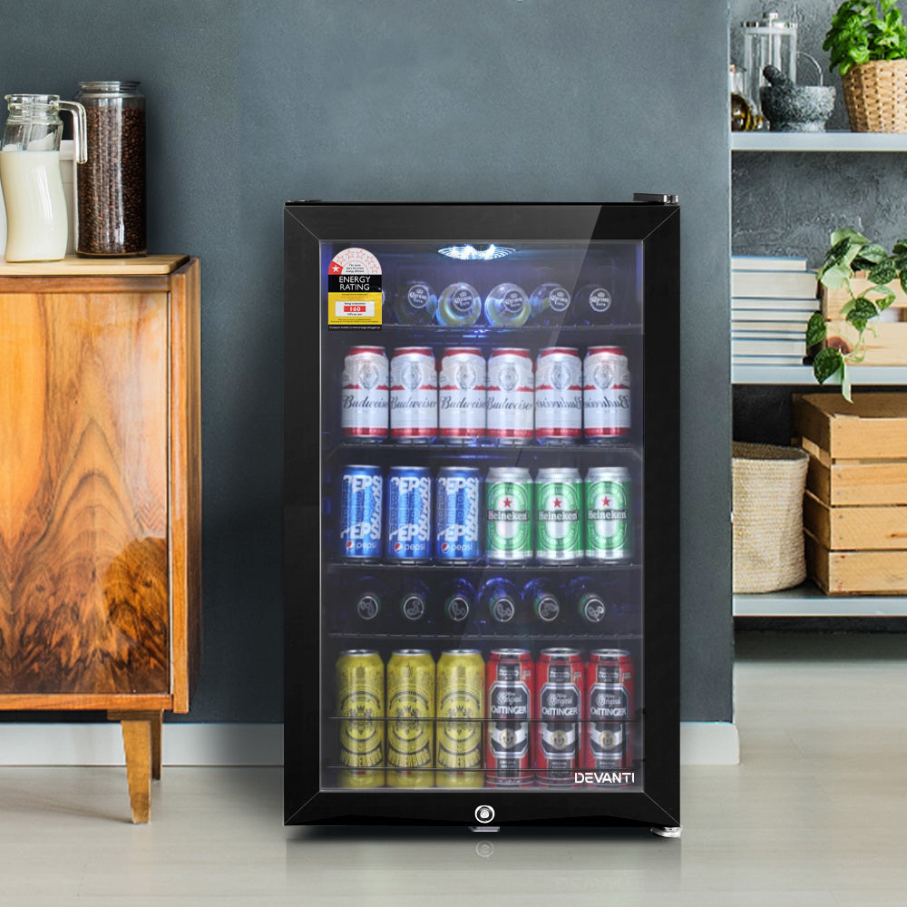 Fridges: Devanti 115L Bar Fridge Glass Door w/Light Black