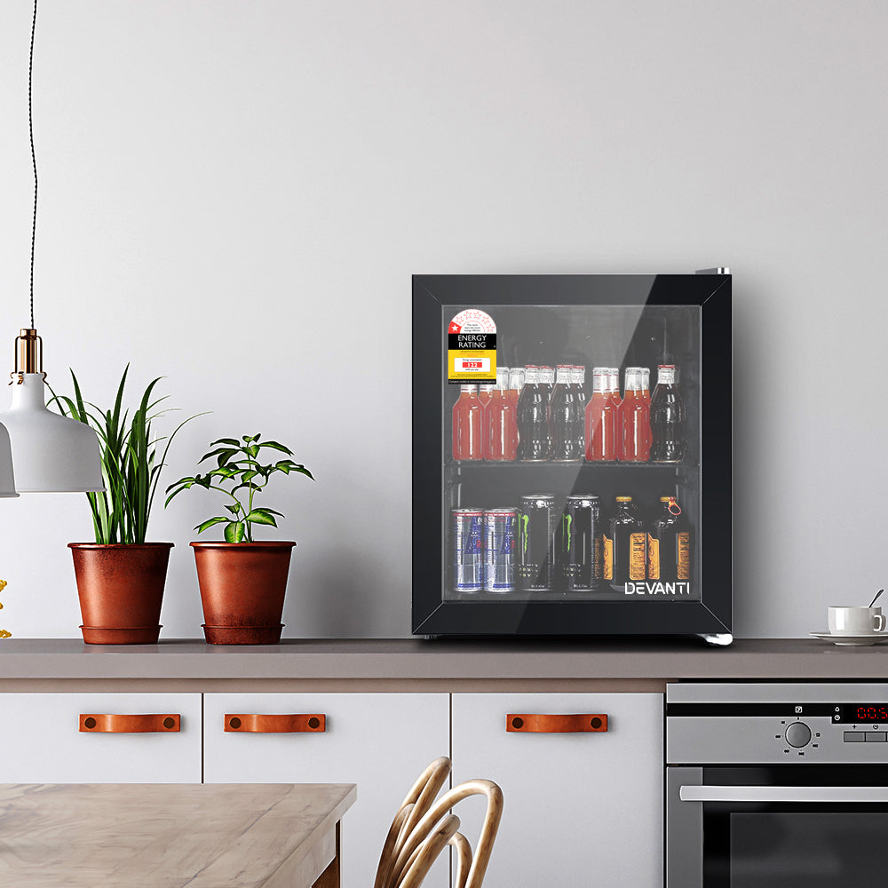 Fridges: Devanti 46L Bar Fridge Glass Door Black