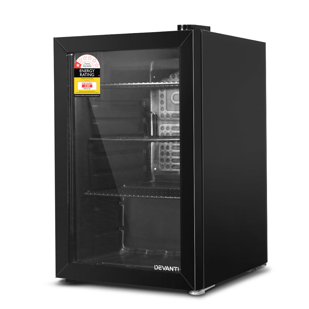 Fridges: Devanti 70L Bar Fridge Glass Door w/Light Black