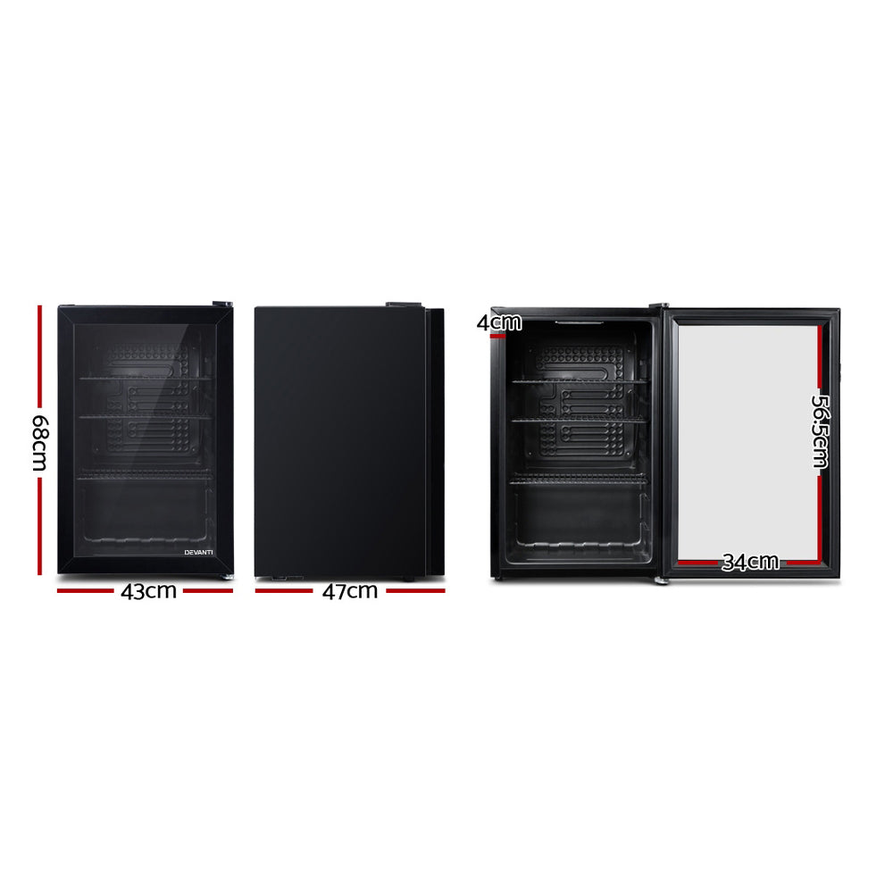 Fridges: Devanti 70L Bar Fridge Glass Door w/Light Black