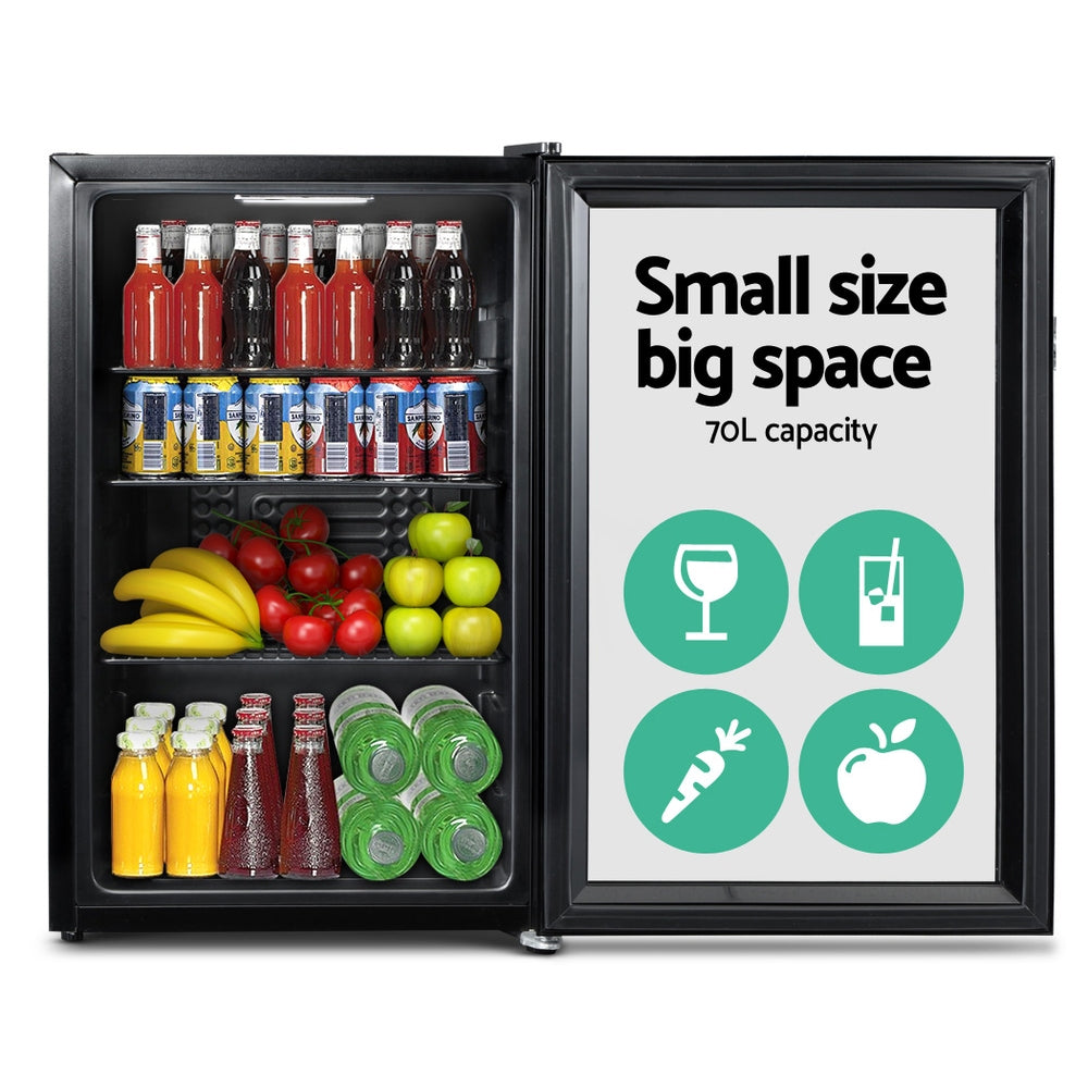Fridges: Devanti 70L Bar Fridge Glass Door w/Light Black