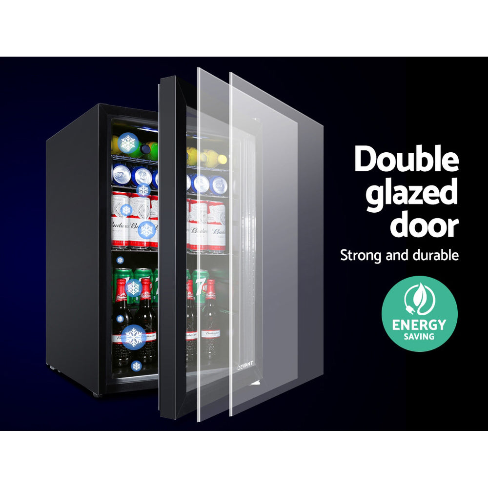 Fridges: Devanti 70L Bar Fridge Glass Door w/Light Black